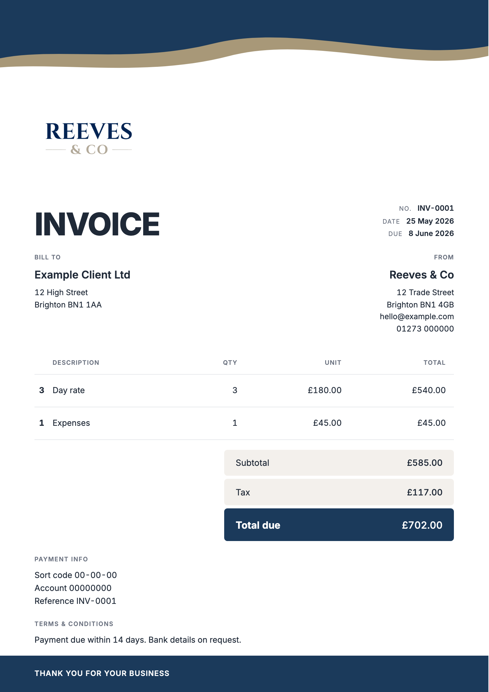 Example Self-employed invoice from Jordan Reeves, made with Invoice Done